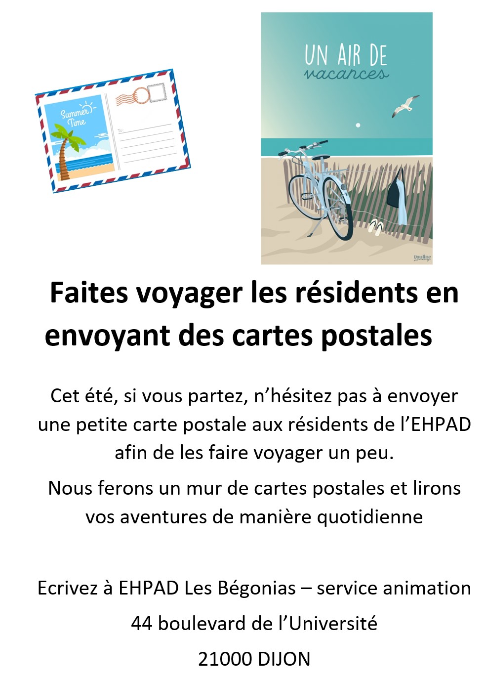 Pendant vos vacances, envoyez une carte postale aux résidents de l'EHPAD des Bégonias - 03072023