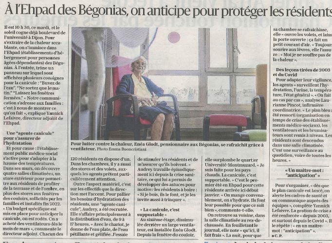 L'EHPAD Les Bégonias dans le Bien Public concernant la gestion de la canicule - 230823